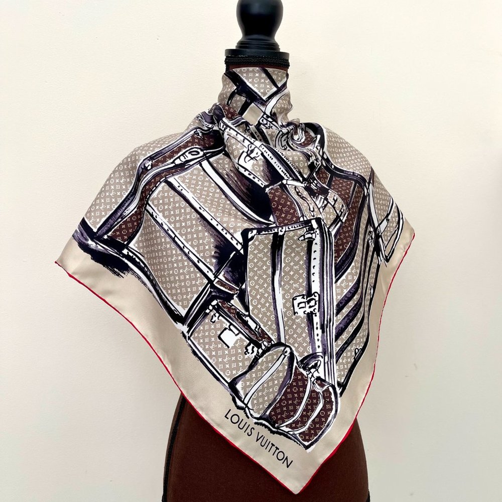 Louis Vuitton Scarf Trunks Monogram Beige Brown Silk Wrap - Picture 2 of 14